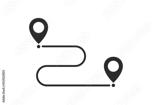 Route tracking icon. Path location icon, two pin signs and road line, path start and end symbol. Concept of travel map navigation, destination point, GPS tracking. Vector Illustration.