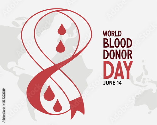 World Blood Donor Day graphic for June 14th featuring a speech bubble, blood drops, ribbon swirl, and world map
