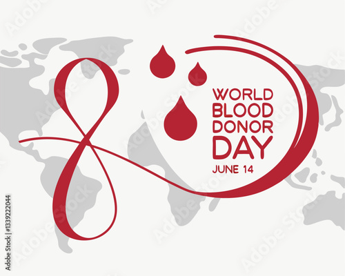 World Blood Donor Day graphic for June 14th featuring a speech bubble, blood drops, ribbon swirl, and world map