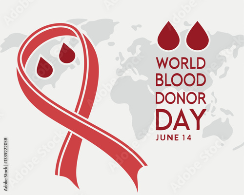 World Blood Donor Day graphic for June 14th featuring a speech bubble, blood drops, ribbon swirl, and world map