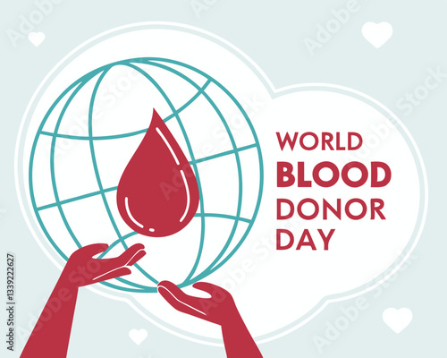 Hands holding a speech bubble with World Blood Donor Day text, featuring a globe and red blood drop.