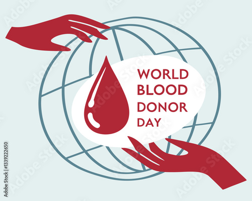 Hands holding a speech bubble with World Blood Donor Day text, featuring a globe and red blood drop.