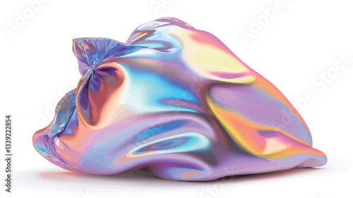 A digital rendering of an abstract, three-dimensional form.  The object is depicted in iridescent colors, shifting from pinks, purples, blues, and yellows. The surface appears smooth and glossy