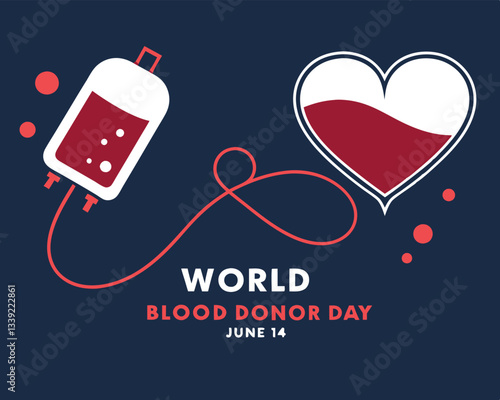 World Blood Donor Day design for June 14th featuring a blood bag connected to a heart, symbolizing life-saving donations.