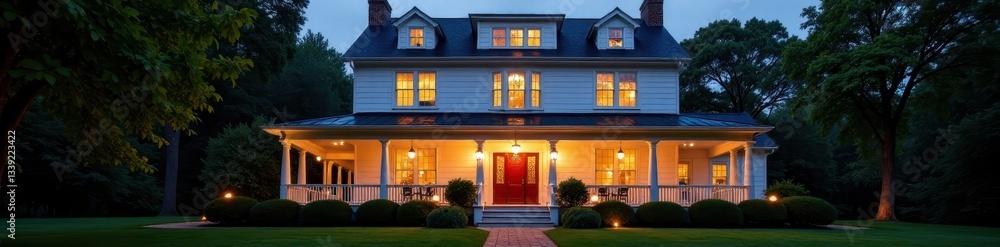 Fototapeta premium Grand Colonial Revival home, glowing porch lights, grand, house facade