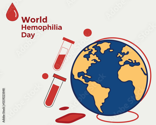 Global awareness for World Hemophilia Day is depicted with a world globe, falling blood drops, and blood-filled test tubes.