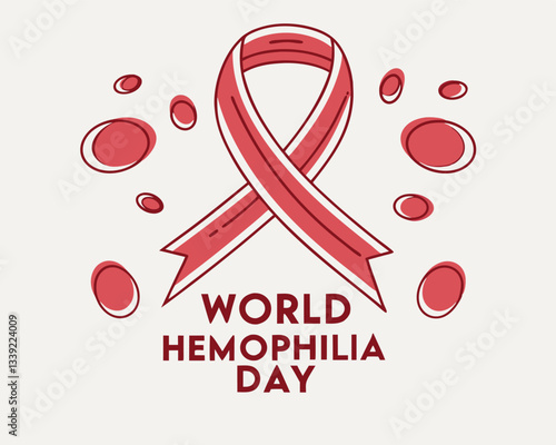 World Hemophilia Day awareness design featuring a red ribbon, capsule medication, and stylized blood elements for promoting support and treatment.