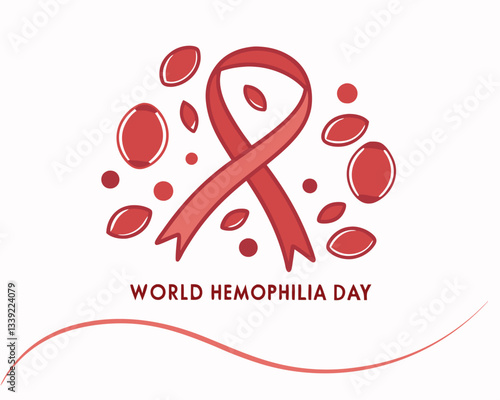World Hemophilia Day awareness design featuring a red ribbon, capsule medication, and stylized blood elements for promoting support and treatment.