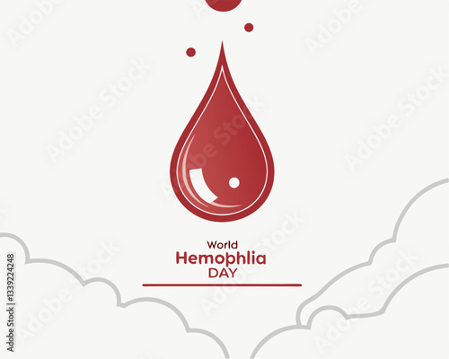 Simple and symbolic design for World Hemophilia Day featuring a red blood drop against a soft, cloudy background.