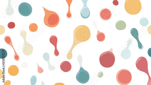 A repeating seamless pattern featuring various-sized colorful blobs and droplet shapes on a white background.  The blobs are rendered in a flat style with pastel and slightly muted tones. Shapes