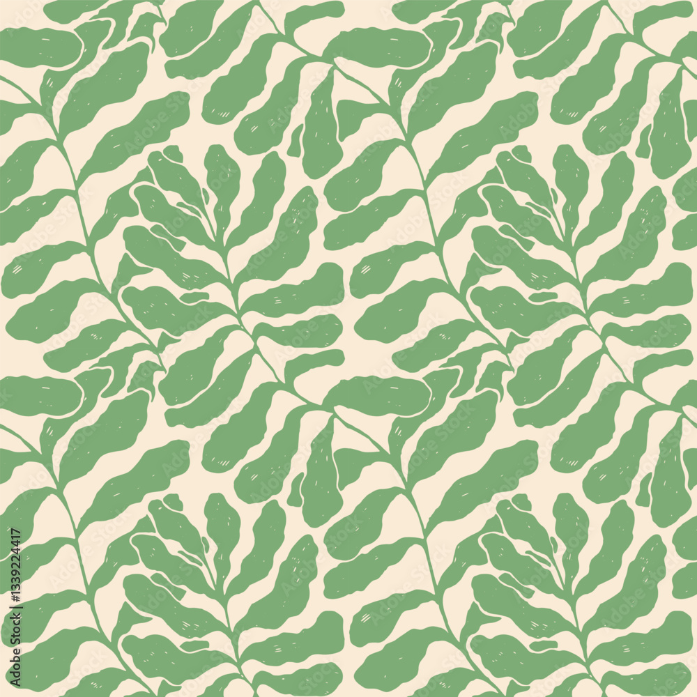 Abstract seamless pattern with leaves palm in Matisse style. Vector hand drawn print with scandinavian cut out elements. Vector endless illustration for paper, cover, fabric, interior decor. Abstract seamless pattern with leaves palm in Matisse style. Vector hand drawn print with scandinavian cut out elements. Vector endless illustration for paper, cover, fabric, interior decor.