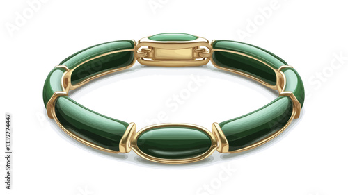 Close-up studio shot of a bracelet featuring green jade stones set in gold. The bracelet is presented on a white background.  The image shows the bracelet's full length, highlighting the individual
