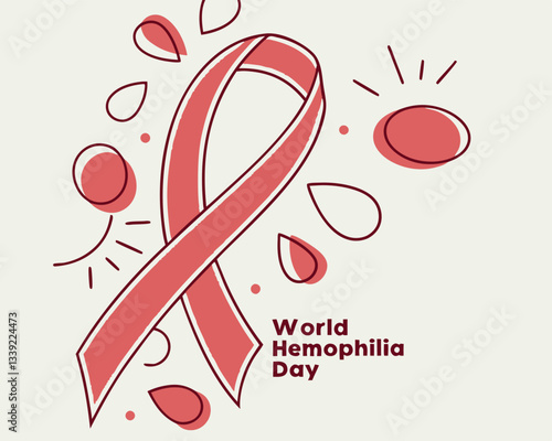 World Hemophilia Day awareness design featuring a red ribbon, capsule medication, and stylized blood elements for promoting support and treatment.