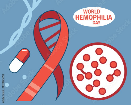 World Hemophilia Day awareness design featuring a DNA helix, pills, and a petri dish representing research and treatment.