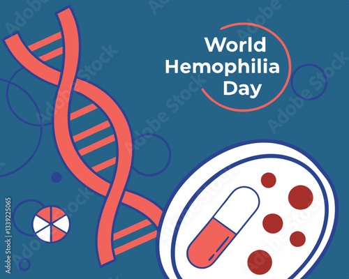 World Hemophilia Day awareness design featuring a DNA helix, pills, and a petri dish representing research and treatment.