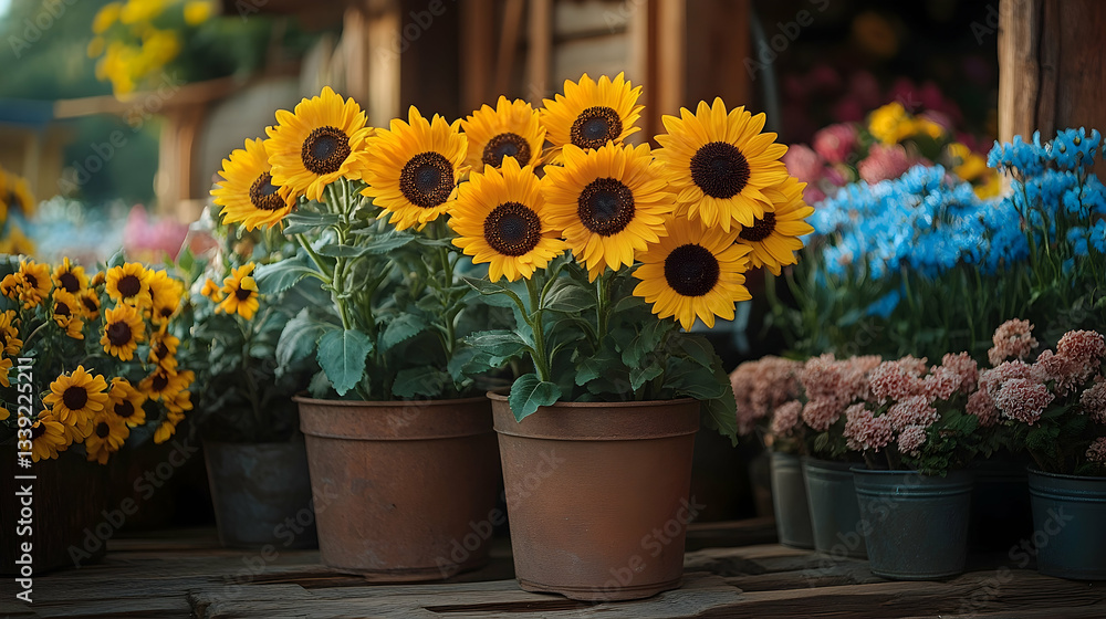 custom made wallpaper toronto digitalSunflowers and Assorted Blooms Displayed at Flower Market Stall Scene