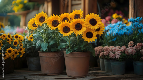 Wallpaper Mural Sunflowers and Assorted Blooms Displayed at Flower Market Stall Scene Torontodigital.ca