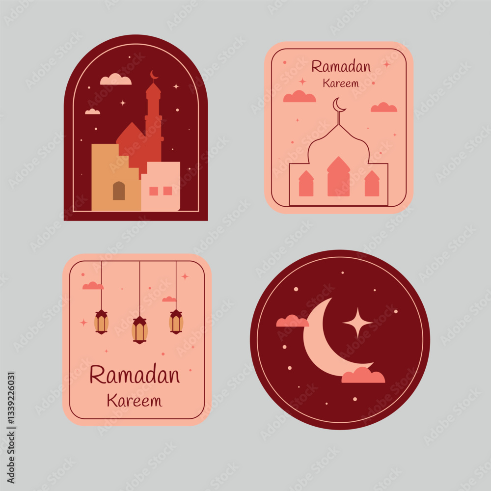 Fototapeta premium Ramadan Kareem sticker set. Mosque, moon, star, lantern. Label Islamic celebration for web design. Vector illustration. 