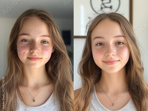 Mädchen mit Pickeln im vorher und nachher Vergleich. Authentisches Hautbild für Dermatologie und Kosmetikthemen