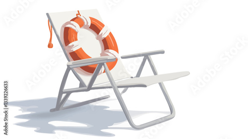 A digital illustration depicts a white, foldable deck chair with an orange life preserver resting on its armrest. The chair is angled slightly to the left.  The life preserver is a classic orange