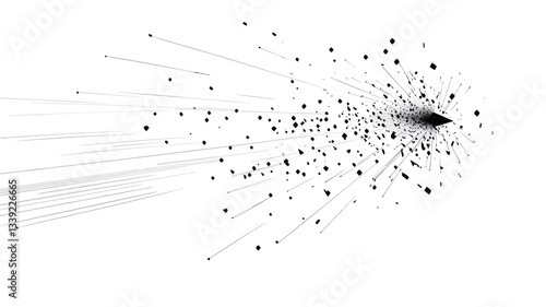 The image depicts an abstract composition of numerous small black particles dispersed from a central point against a pure white background. The particles appear to radiate outwards, creating a