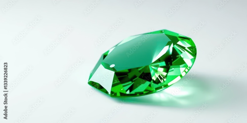 Fototapeta premium Luminous green gemstone, subtly shimmering against a pristine white backdrop, jewel, close-up