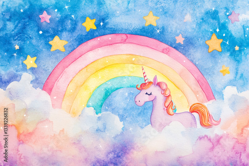 Rainbow Pastel Unicorn Candy Watercolor Abstract Background with Clouds and Stars
