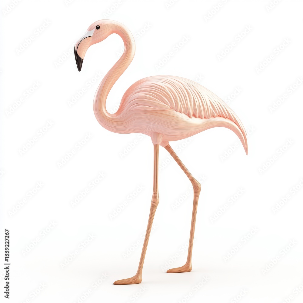 Fototapeta premium A soft pink flamingo, elegantly carved with long, slender legs, standing gracefully on a white background.