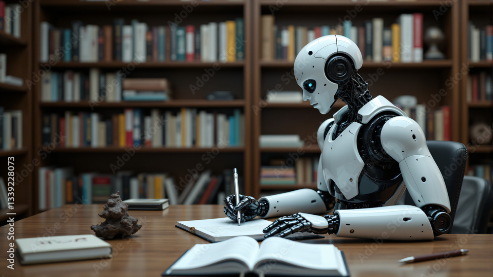 Fototapeta premium AI Writing Assistant in a Library Setting
