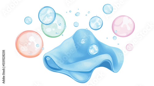 A digital illustration depicting a crumpled piece of light blue fabric. The fabric appears soft and translucent.  Surrounding the fabric are numerous small and large translucent bubbles in pastel