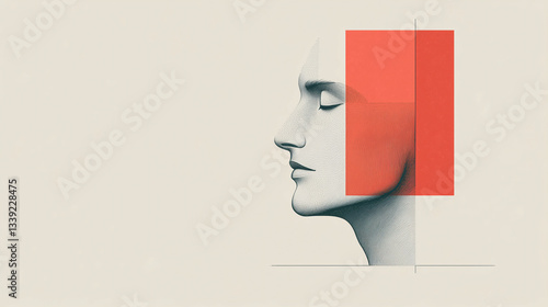 Geometric Mind: A minimalist composition, with a serene side profile of a human head partially intersected by a vibrant red geometric shape. The piece evokes thought.