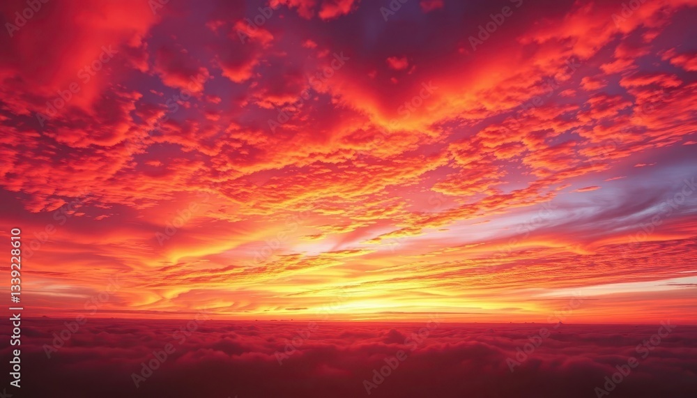 Fototapeta premium Vast, fiery sunset sky ablaze with orange, pink, and purple hues, clouds stretching to the horizon, travel, outdoor