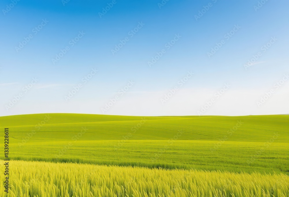 Fototapeta premium Vast, rolling green prairie under a bright sky, high angle, meadow