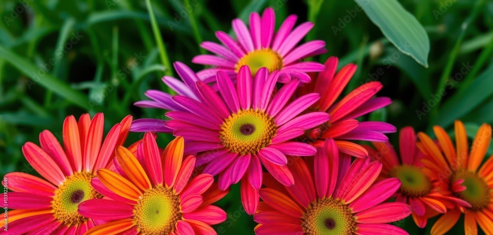 Fototapeta premium Vibrant multicolored daisy petals burst forth against a lush green background, color, botanical