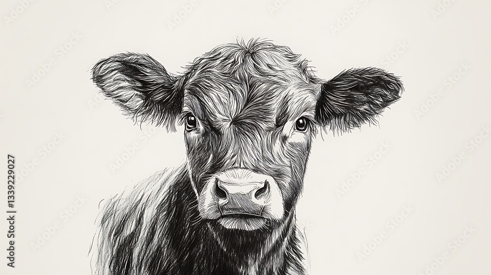 A detailed drawing shows a calf looking directly at the viewer A detailed drawing shows a calf looking directly at the viewer