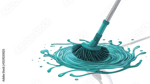 Close-up studio shot against a white background of a teal-handled mop with a dark-green cleaning head submerged in a stylized splash of teal cleaning fluid. The fluid creates a circular pattern