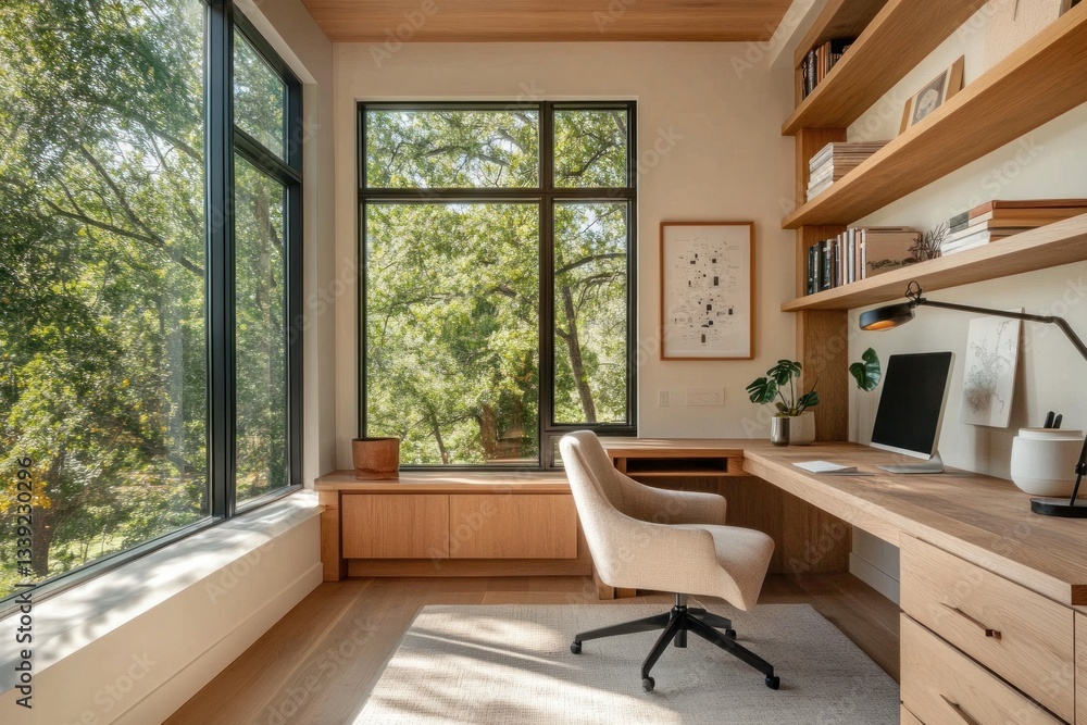 A well lit modern home office overlooking a green forest A well lit modern home office overlooking a green forest