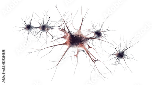 A detailed microscopic illustration depicts a network of neurons.  The central neuron is larger and more prominently colored in shades of brown and gray, with numerous branching dendrites and a