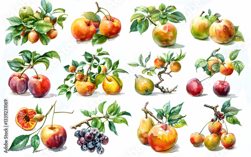 Collection of various hand-painted fruits showcasing vivid colors and intricate details in a beautiful botanical style