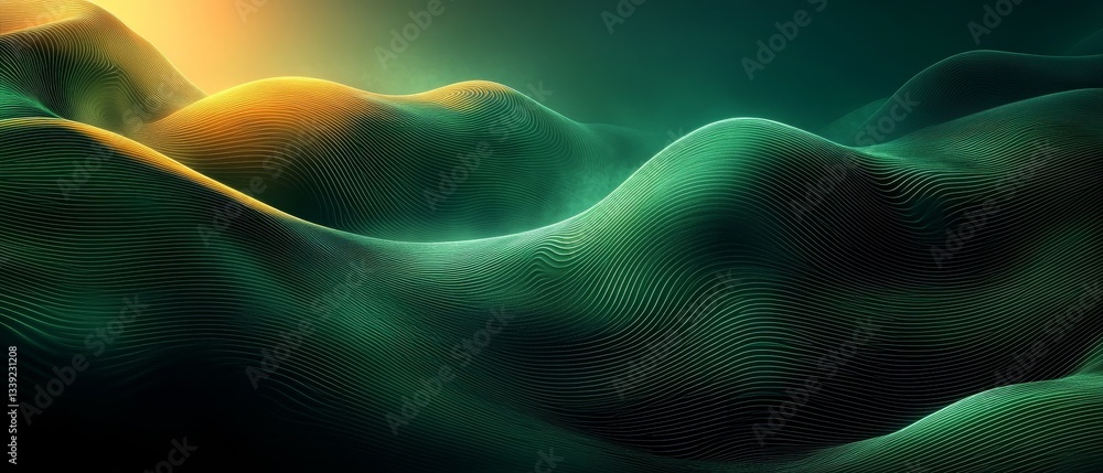 Obraz premium Abstract Green and Gold Wavy Landscape.