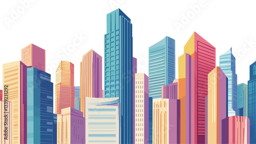 A digital illustration depicting a stylized cityscape.  The image features numerous skyscrapers of varying heights and pastel colors, rendered in a flat, vector style.  The buildings are tightly