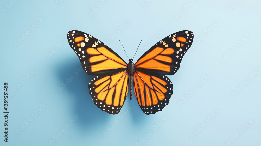 Fototapeta premium Colorful butterfly perched on blue surface, vibrant orange and black wings open wide, perfect for nature-themed designs.