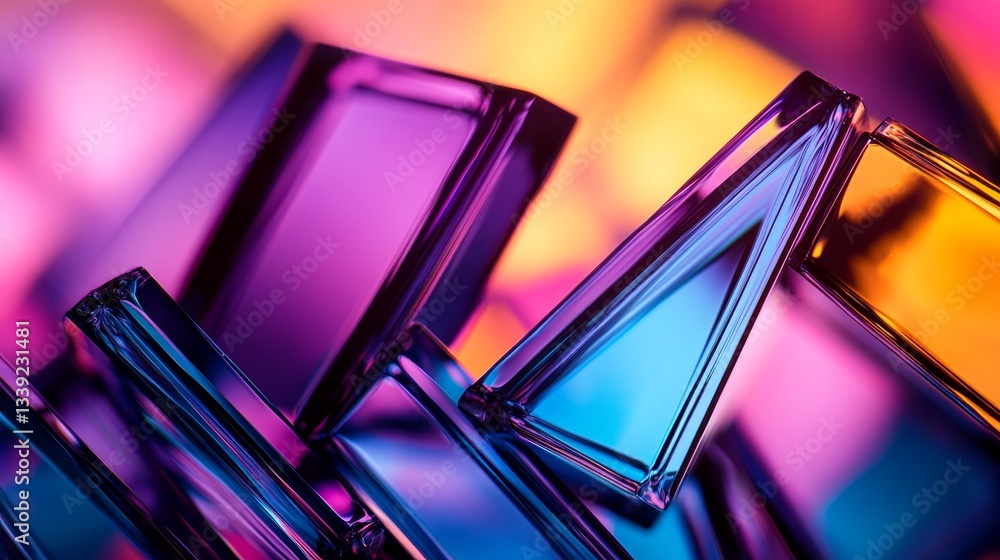 Colorful geometric glass shapes reflecting light in a vibrant abstract setting Colorful geometric glass shapes reflecting light in a vibrant abstract setting