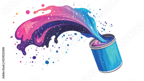 A digital illustration depicting a vibrant paint splash emanating from a blue paint can. The paint is primarily pink, blue, and purple, with a glittering or sparkly effect.  The splash is dynamic