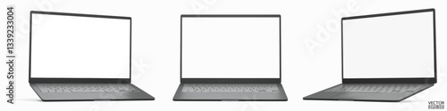 Set of 3d laptops from different angles isolated on white background. Realistic Laptop black color mockup with blank screen display. 3D vector illustration.