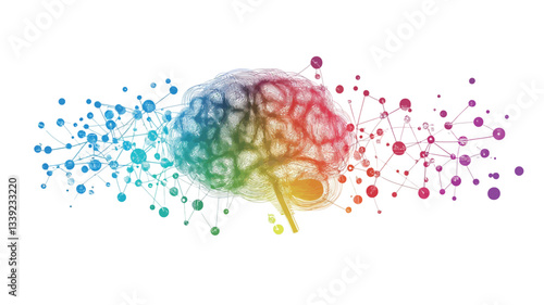 An illustration depicting a stylized brain in a watercolor-like style, rendered in a rainbow color palette. The brain is centrally positioned, with multicolored dots and lines extending outward,
