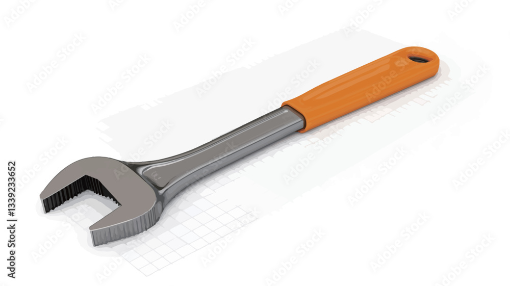 Close-up studio shot of an adjustable wrench with an orange handle against a white background. The wrench is metallic silver/grey in color, exhibiting a detailed design of its adjustable jaw and Close-up studio shot of an adjustable wrench with an orange handle against a white background. The wrench is metallic silver/grey in color, exhibiting a detailed design of its adjustable jaw and