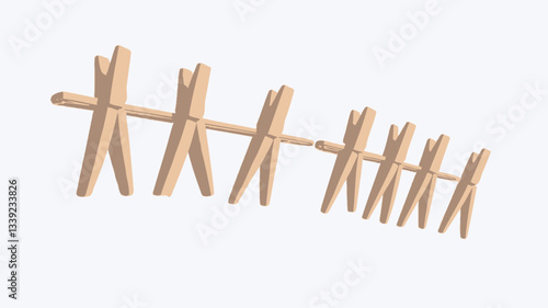 High-angle, close-up shot of multiple light beige wooden clothespins attached to a thin, light-colored rod or line against a pure white background. The clothespins are arranged in a slightly