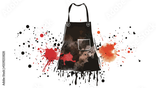 A digital illustration featuring a dark-colored apron as the central element. The apron is depicted in a style suggesting a combination of watercolor and ink, with visible texture and shading.
