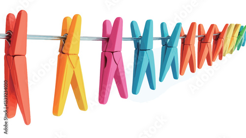 A close-up shot against a white background shows a series of colorful wooden clothespins attached to a thin metal wire. The clothespins are arranged in a slightly diagonal perspective, creating a